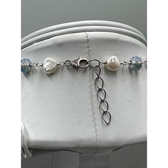 Handmade Sterling 925 Pink Blue Quartz Freshwater Pearl Double Strand Necklace - Picture 4 of 13